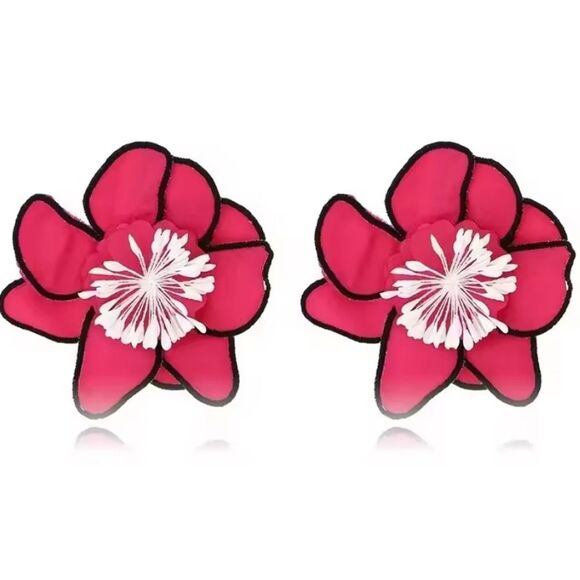 New ZARA Fushia Pink & Black Floral Statement Earrings - Picture 1 of 11